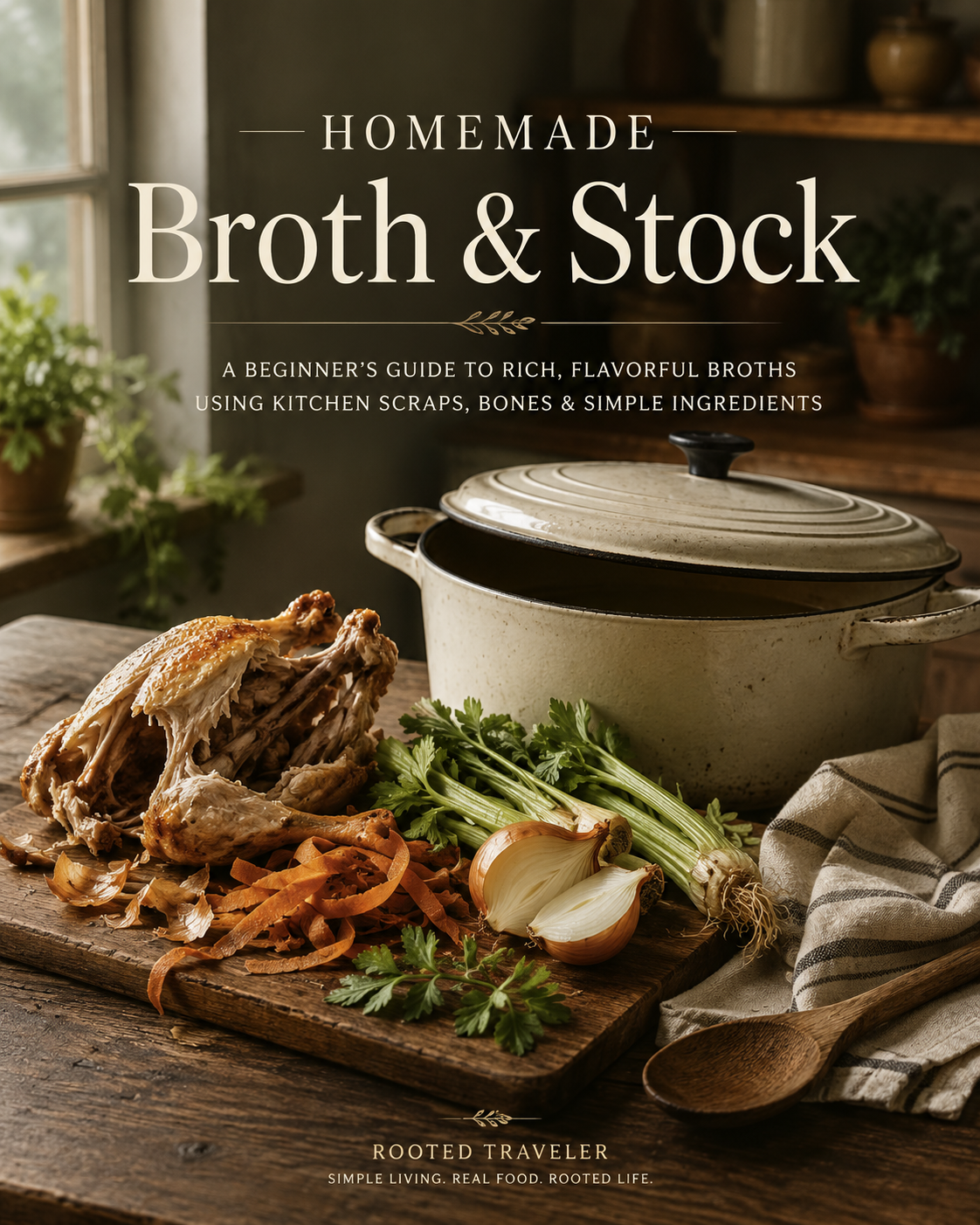 Cover of the Homemade Broth digital PDF guide by Rooted Traveler Co.