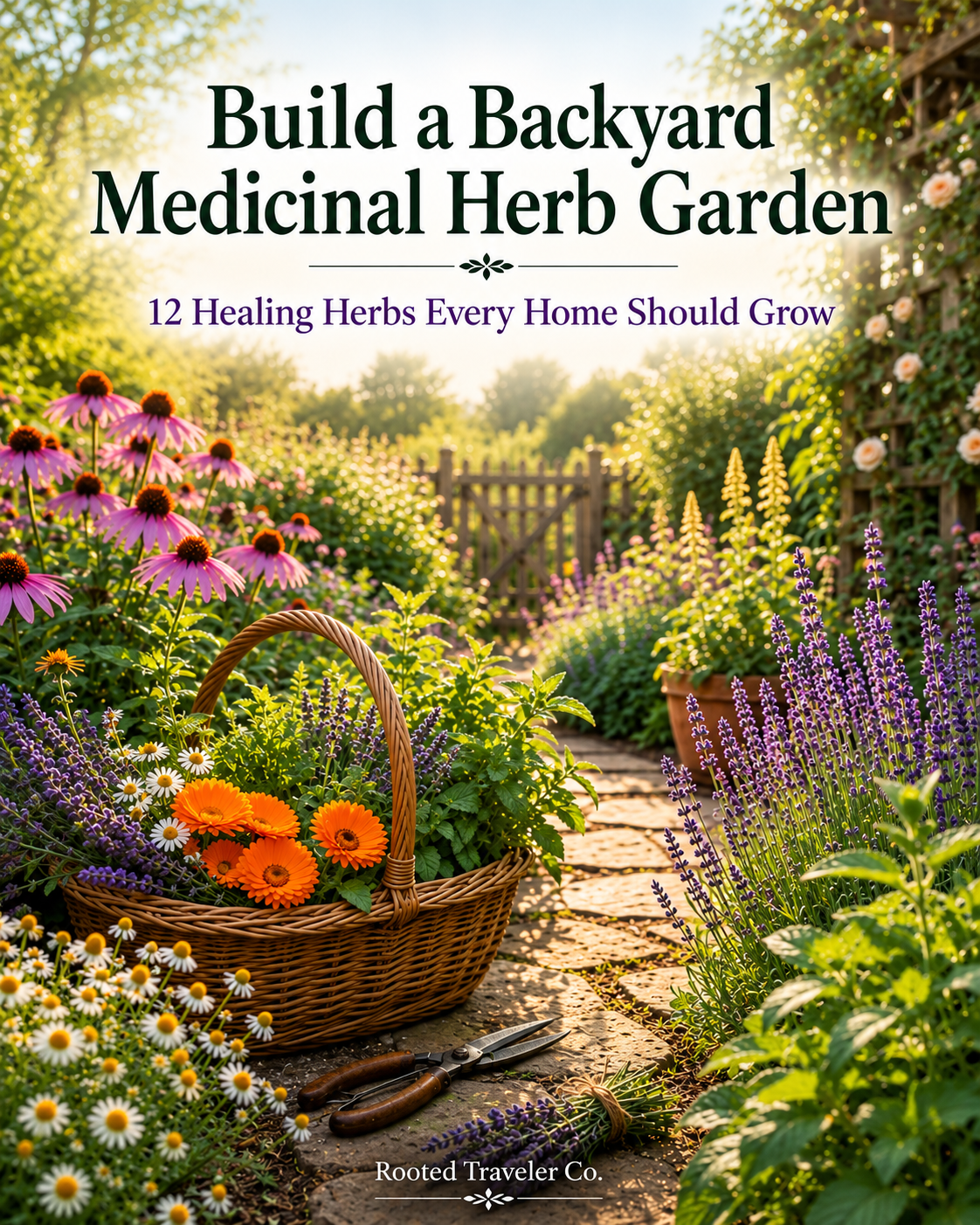 Cover of the Backyard Medicinal Herb Garden digital PDF guide by Rooted Traveler Co.