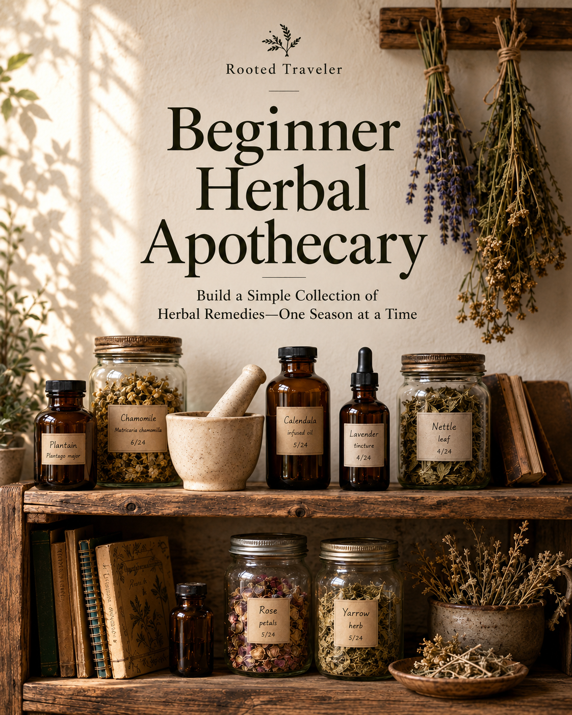 Cover of the Beginner Herbal Apothecary digital PDF guide by Rooted Traveler Co.