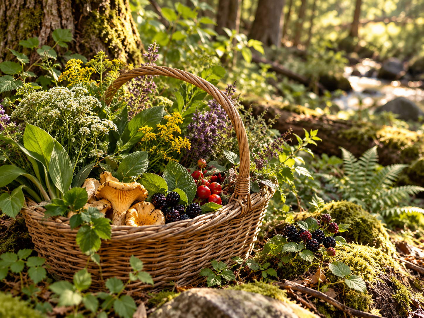 A woven basket filled with gathered wild herbs and berries resting on a mossy woodland floor in soft natural sunlight.