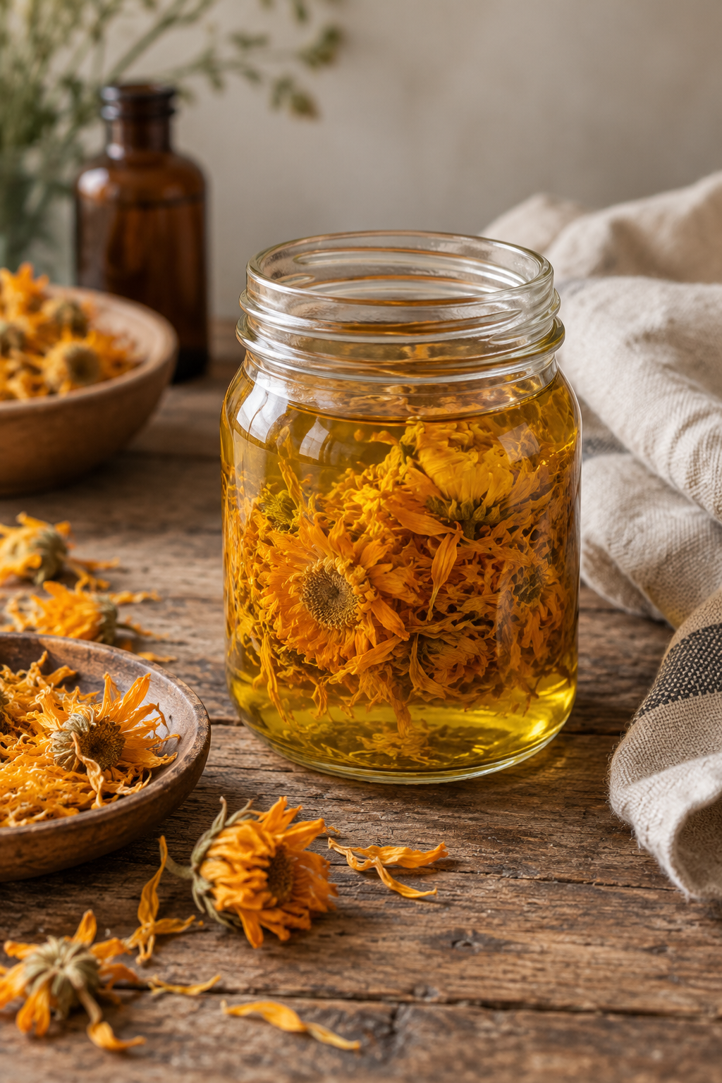 Glass jar filled with golden calendula-infused oil and dried calendula flowers, surrounded by loose blossoms, natural linen, and an amber bottle on a rustic wooden table.