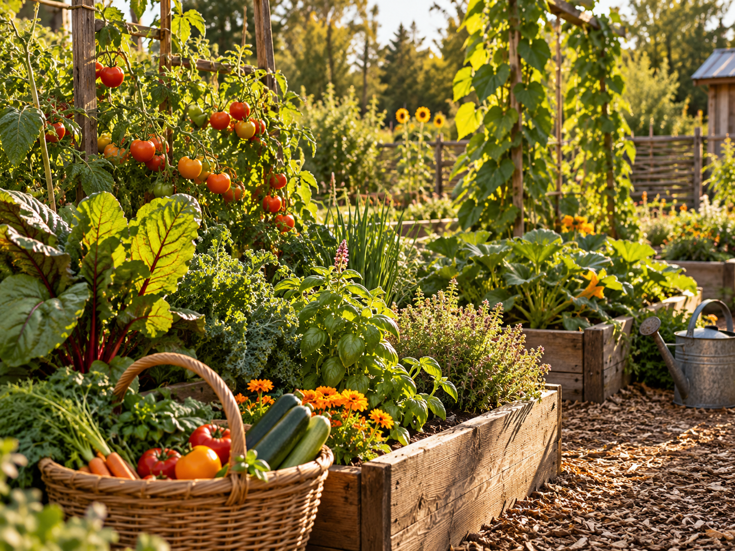 A lush backyard vegetable garden with raised wooden beds, ripening tomatoes, leafy greens, fresh herbs, and a basket of harvested vegetables in warm afternoon sunlight.