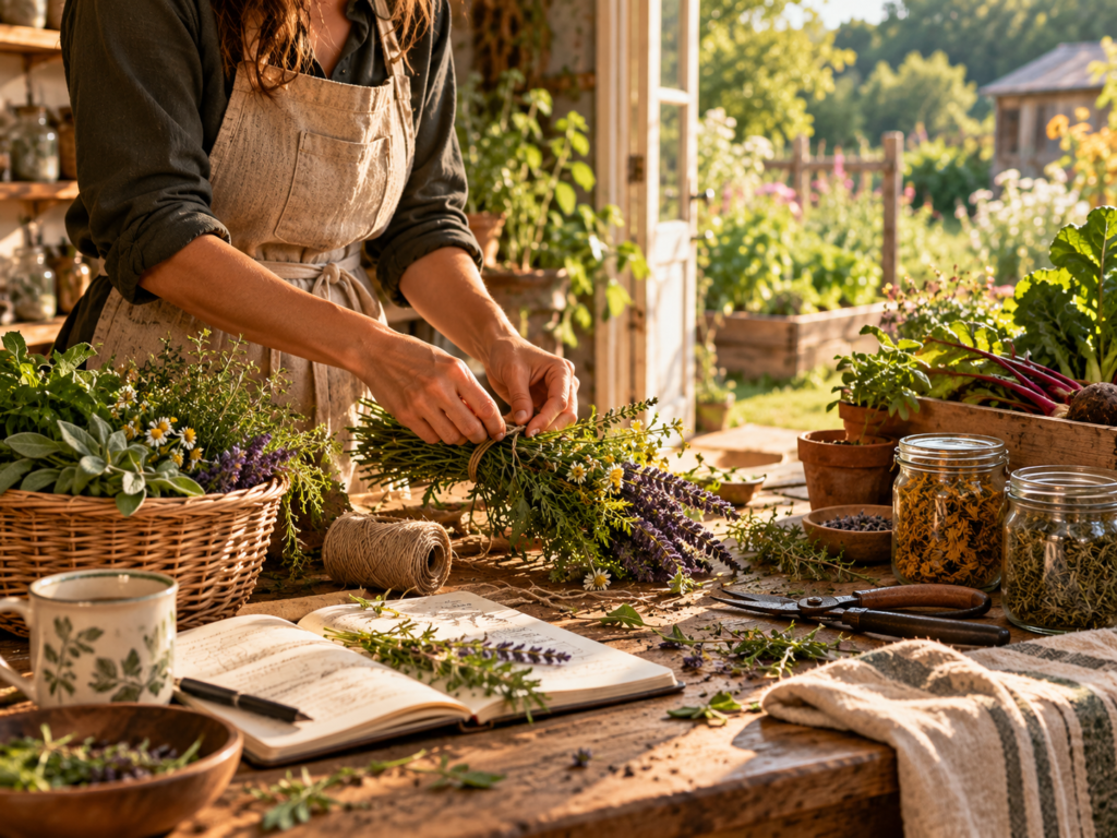 Hands tying freshly harvested medicinal herbs at a sunlit rustic worktable, surrounded by gardening tools, botanical notes, dried herbs, and a flourishing backyard garden.