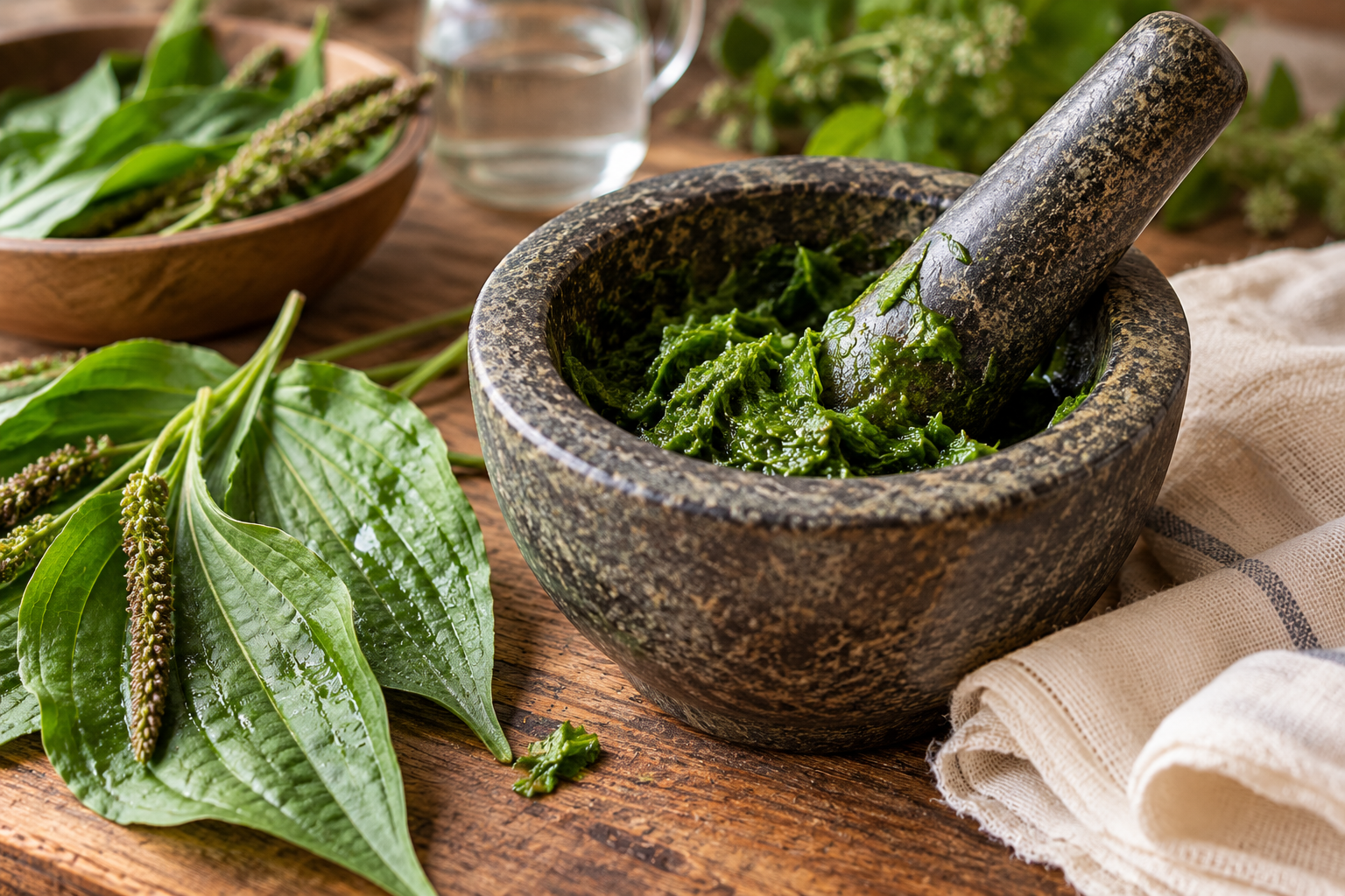 Fresh plantain leaves crushed into a green herbal poultice in a rustic stone mortar and pestle, with whole plantain leaves and a soft cotton cloth on a wooden table.