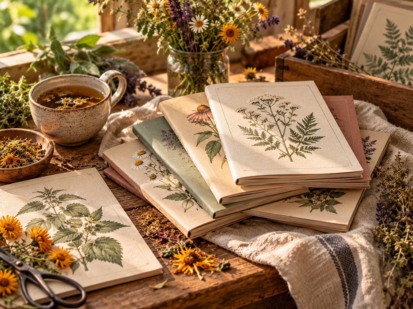 A curated collection of botanical guide booklets arranged on a wooden table with dried herbs, natural linen, and a cup of tea.