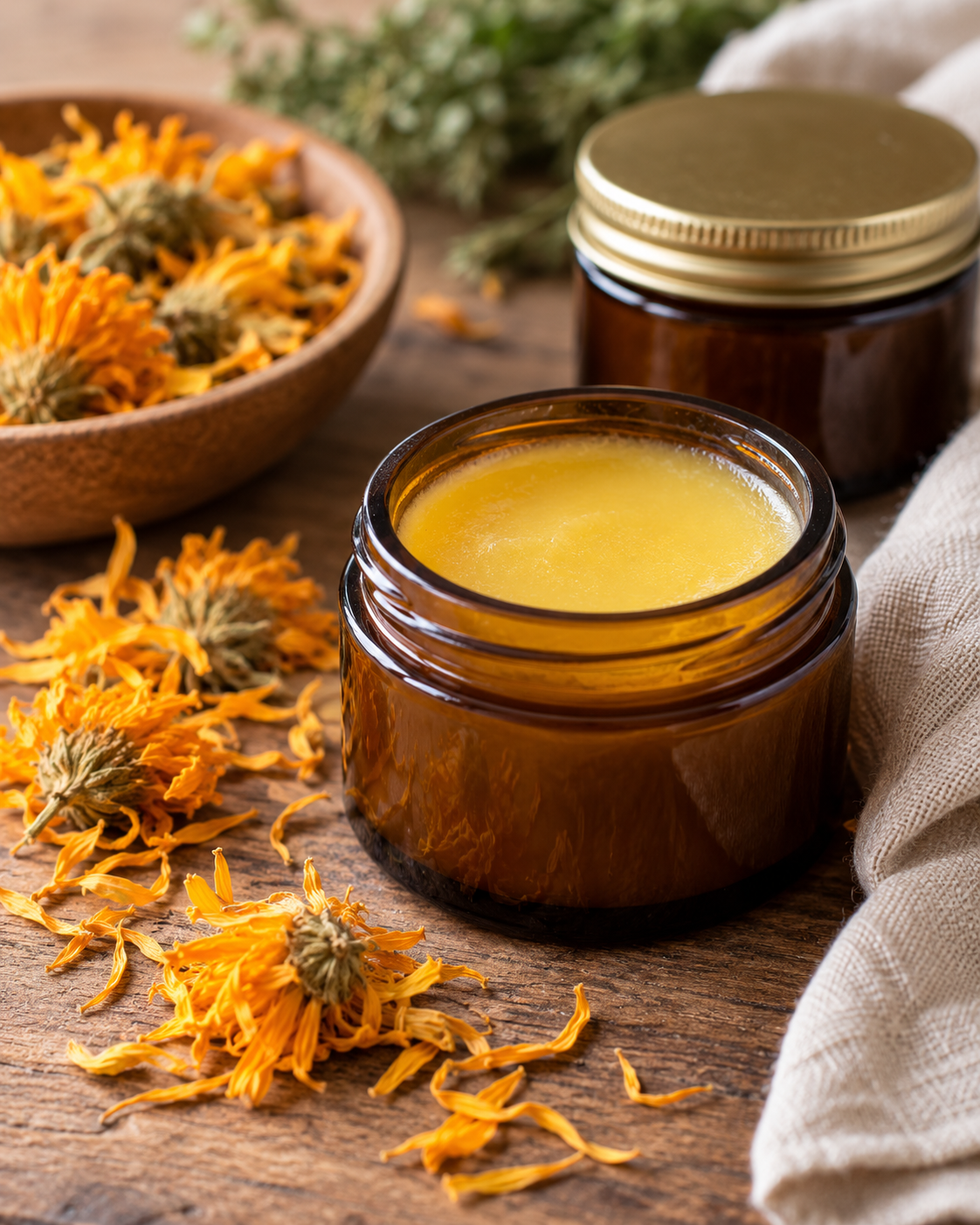 Open amber glass jar filled with golden calendula salve, surrounded by dried calendula flowers, a closed jar, and natural linen on a rustic wooden table.
