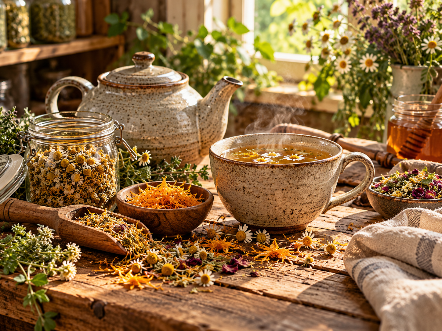 A ceramic teapot and cup of golden herbal tea surrounded by dried chamomile, calendula, and loose herbs on a rustic wooden table.