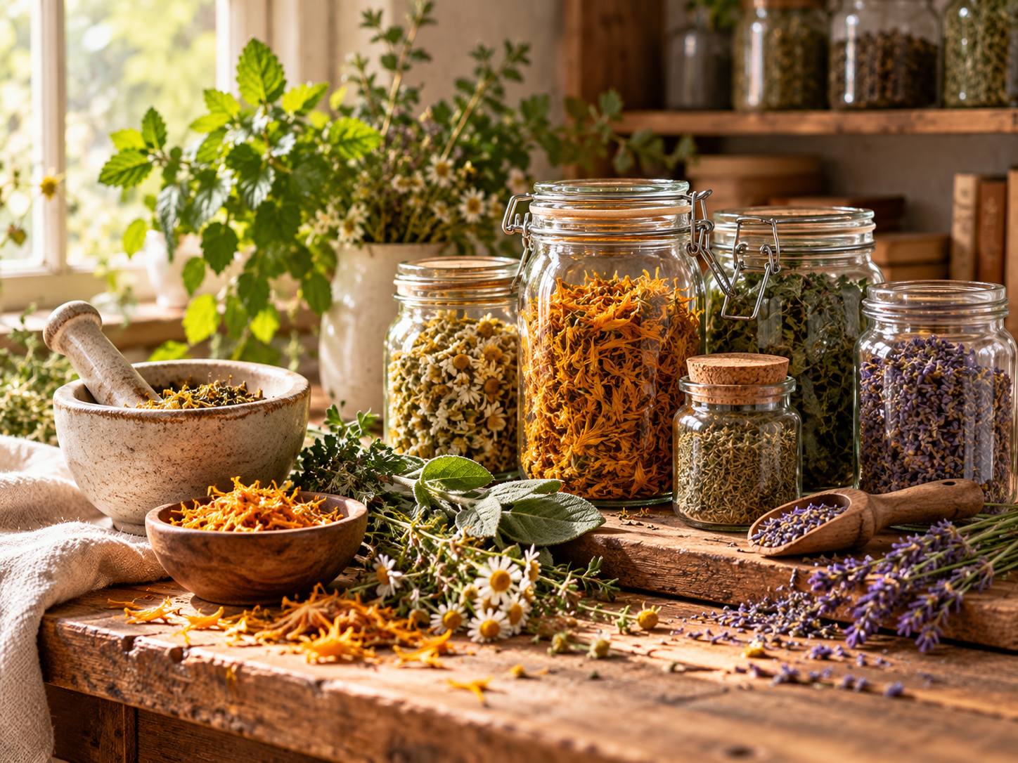 Glass jars of dried medicinal herbs arranged in a warm, rustic home apothecary.