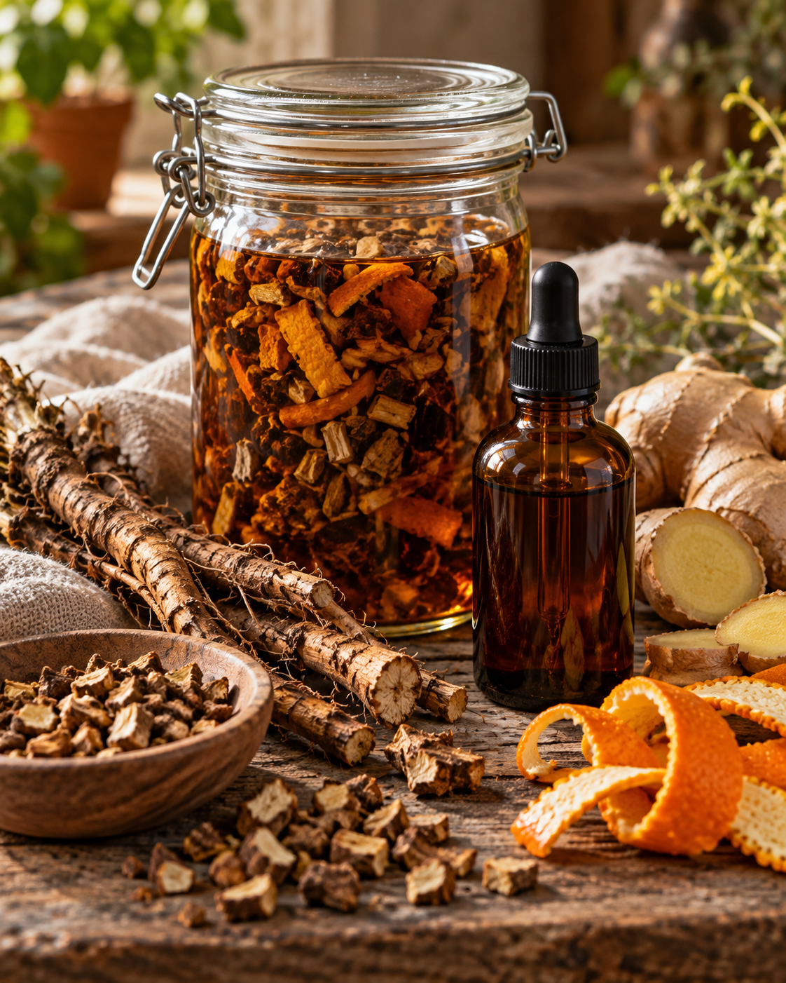 Glass jar of homemade digestive bitters infused with dried roots and orange peel, surrounded by dandelion root, fresh ginger, dried citrus peel, and an amber dropper bottle on a rustic wooden table.