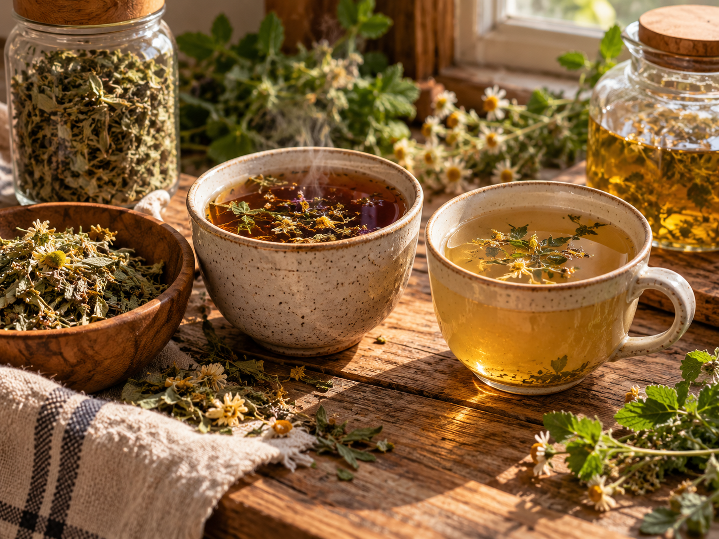 Two ceramic cups of herbal tea, one deep amber and one pale golden, surrounded by dried herbs, chamomile flowers, and glass jars on a rustic wooden table in warm natural light.