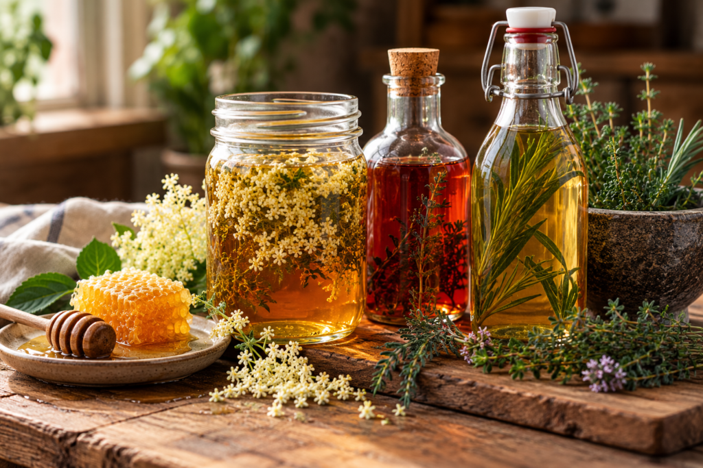 Rustic herbal preparations featuring elderflower-infused honey, honeycomb, a wooden honey dipper, and glass bottles of herb-infused vinegar and oxymel, surrounded by fresh herbs on a sunlit wooden table.