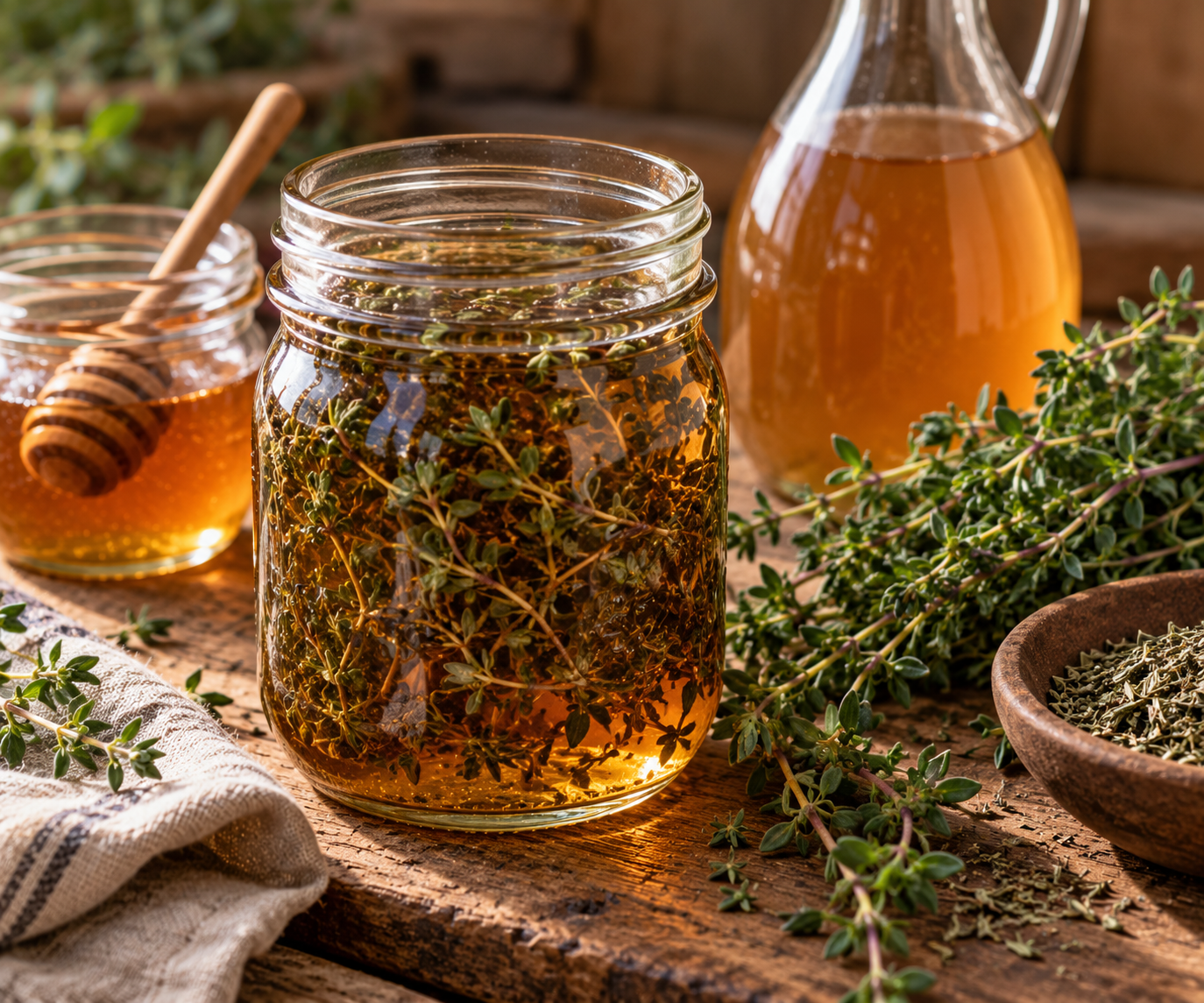 Glass jar of golden thyme-infused oxymel surrounded by fresh thyme sprigs, a jar of honey with a wooden dipper, apple cider vinegar, and dried herbs on a rustic wooden table.