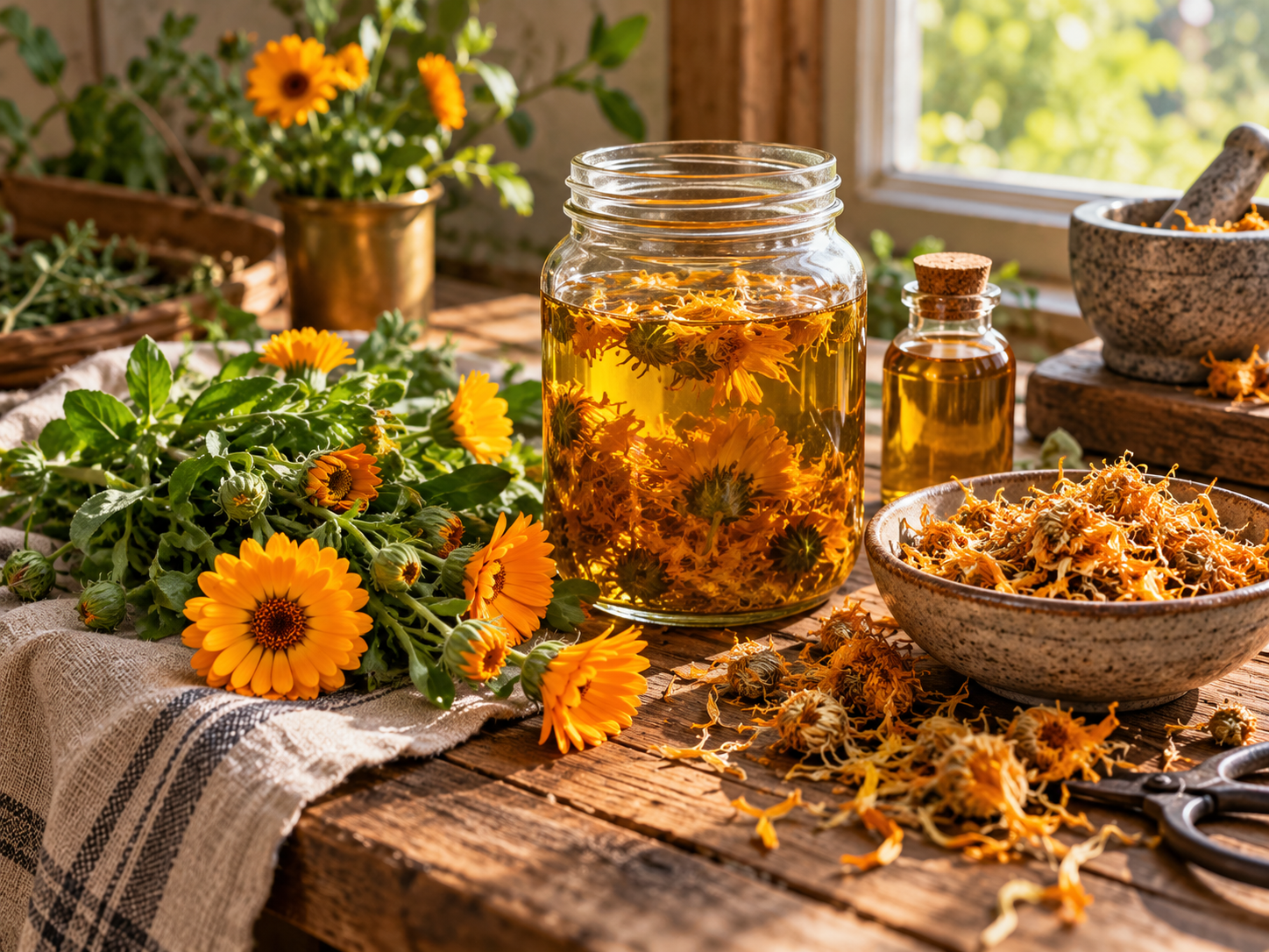 Fresh calendula flowers beside dried calendula petals and glass jars of golden herbal infused oil on a rustic wooden table.