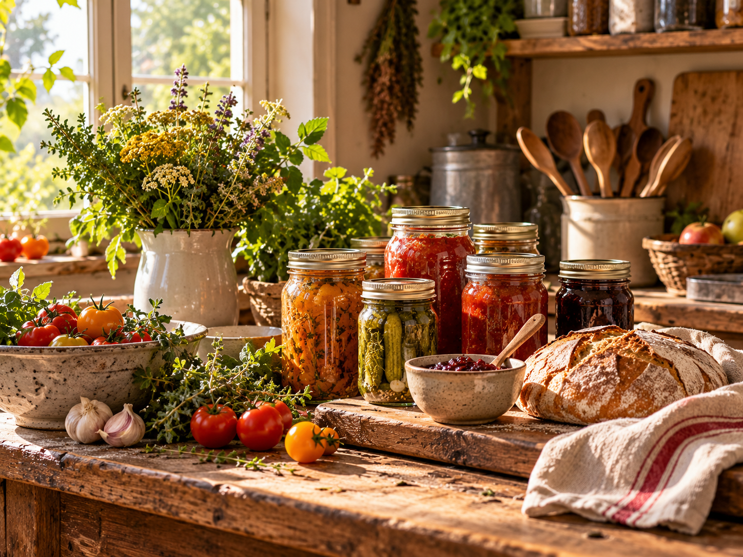 A rustic homestead kitchen with homemade preserves, glass jars, traditional kitchen tools, and natural linen arranged on a wooden table.