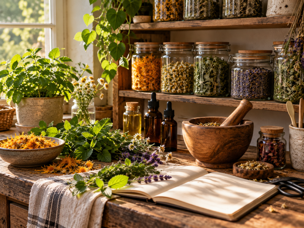 Cozy home herbal apothecary with glass jars of dried calendula, chamomile, and lavender, amber dropper bottles, a wooden mortar and pestle, and an open notebook on a rustic worktable in warm natural sunlight.