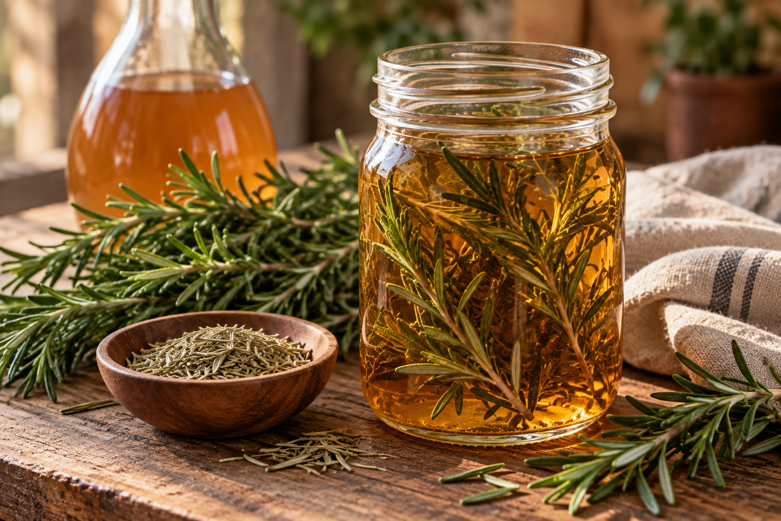 Glass jar of golden rosemary-infused herbal vinegar surrounded by fresh rosemary sprigs, a wooden bowl of dried rosemary, an apple cider vinegar bottle, and a folded linen cloth on a rustic wooden table.