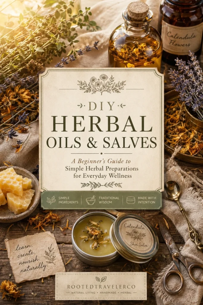 DIY Herbal Oils & Salves digital guide cover by Rooted Traveler Co.