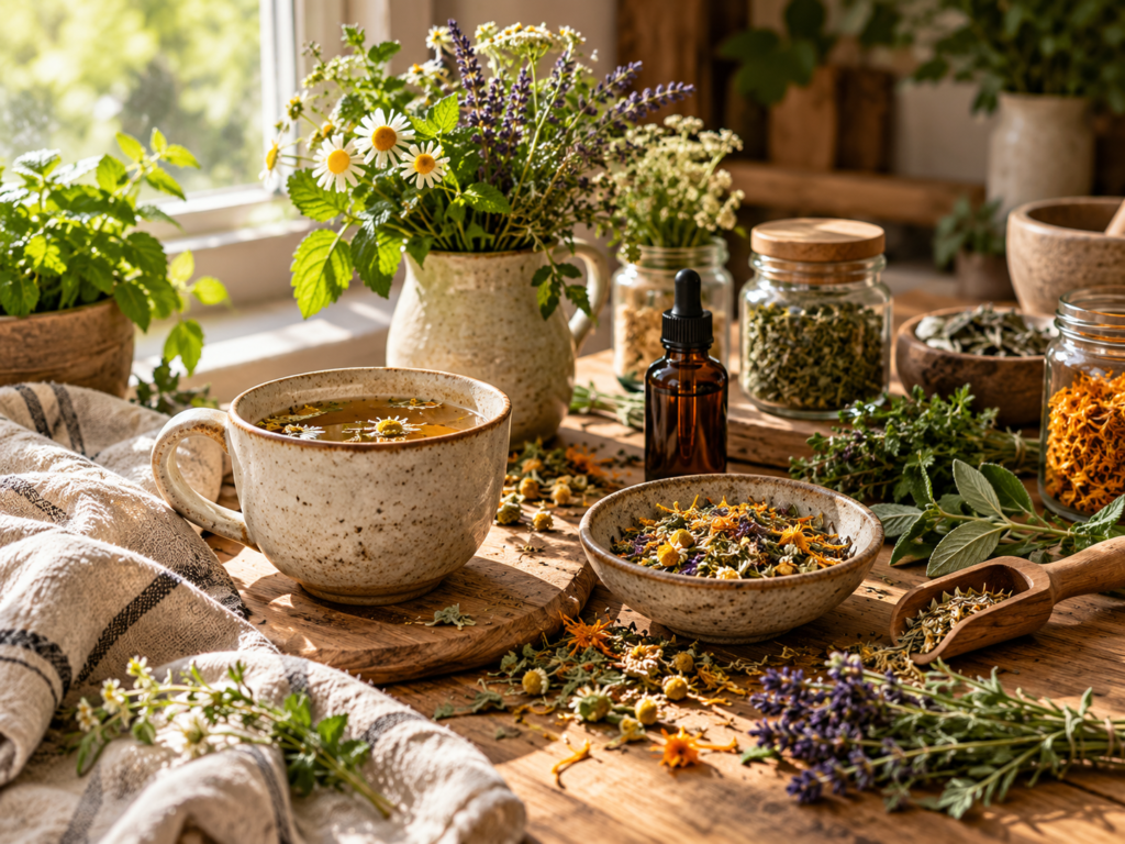 Warm herbal worktable with tea, dried herbs, tincture bottle, and fresh botanicals in natural window light.