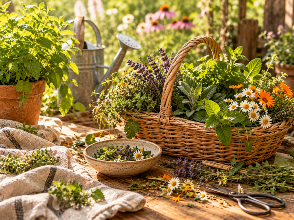 Basket of freshly gathered herbs and flowers on a sunny garden worktable surrounded by growing medicinal plants.